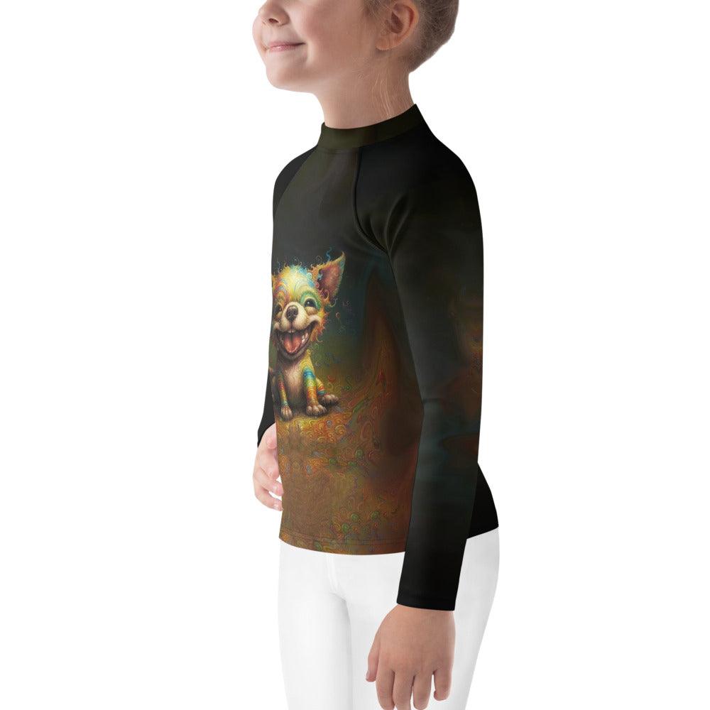 Rear view of CB3-137 Kids Rash Guard on hanger