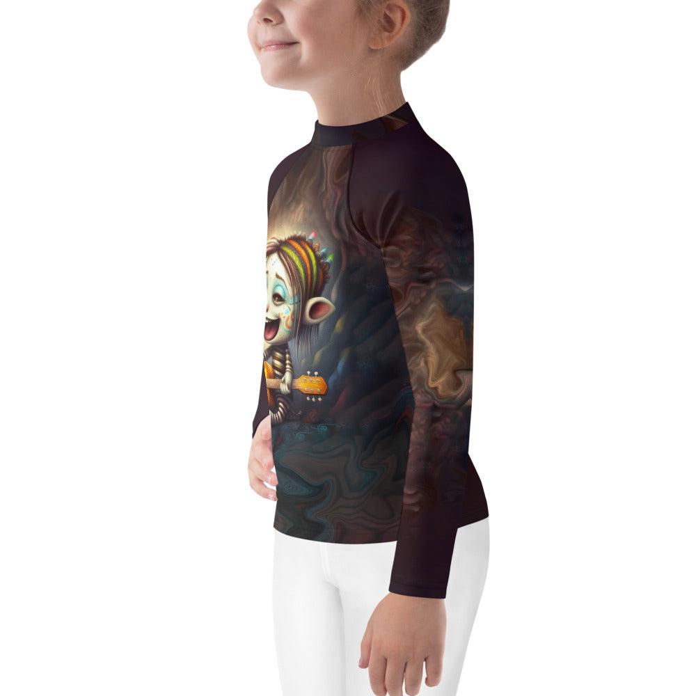 Girl building a sandcastle wearing colorful CB3-107 kids rash guard