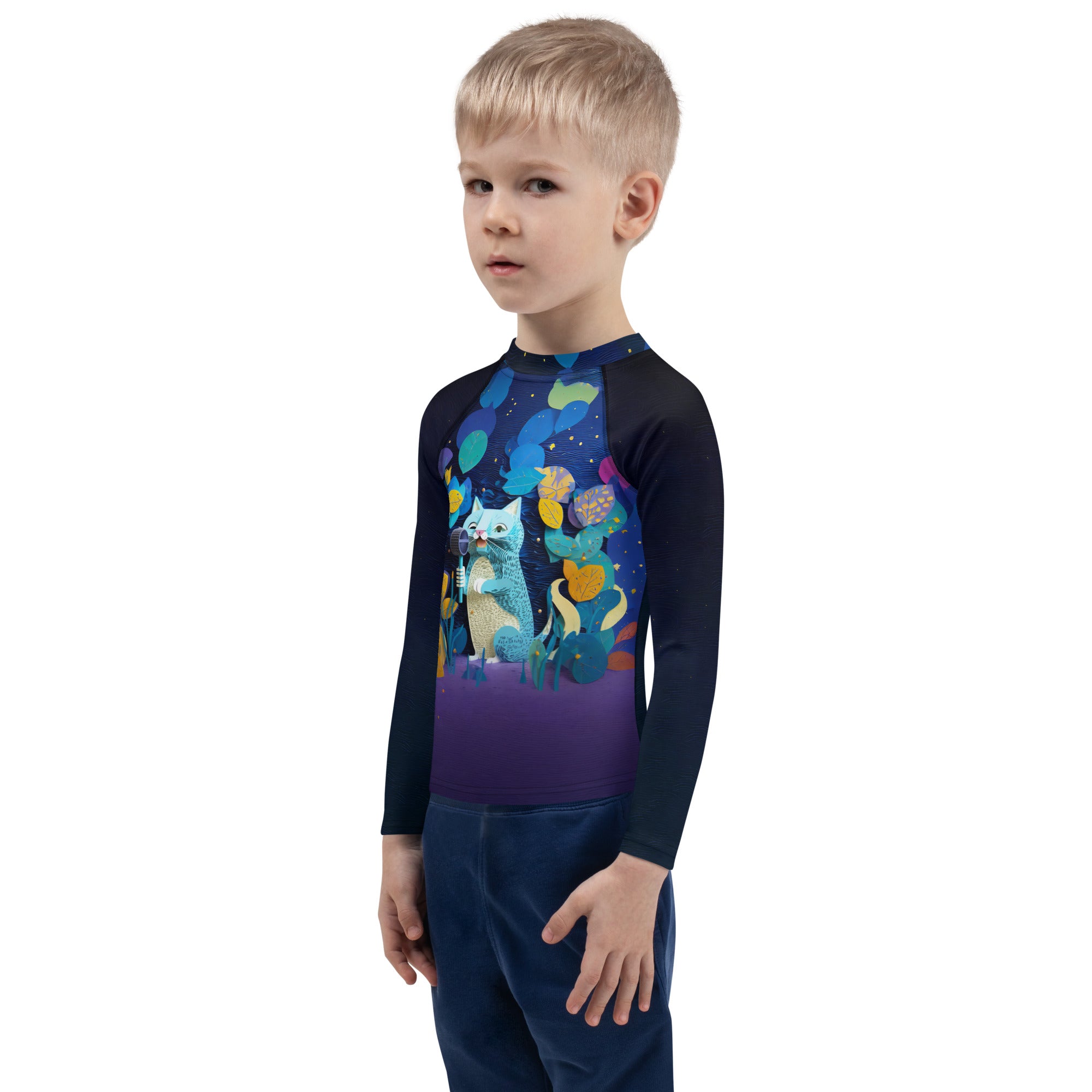 Fun and colorful enchanted forest design kids rash guard