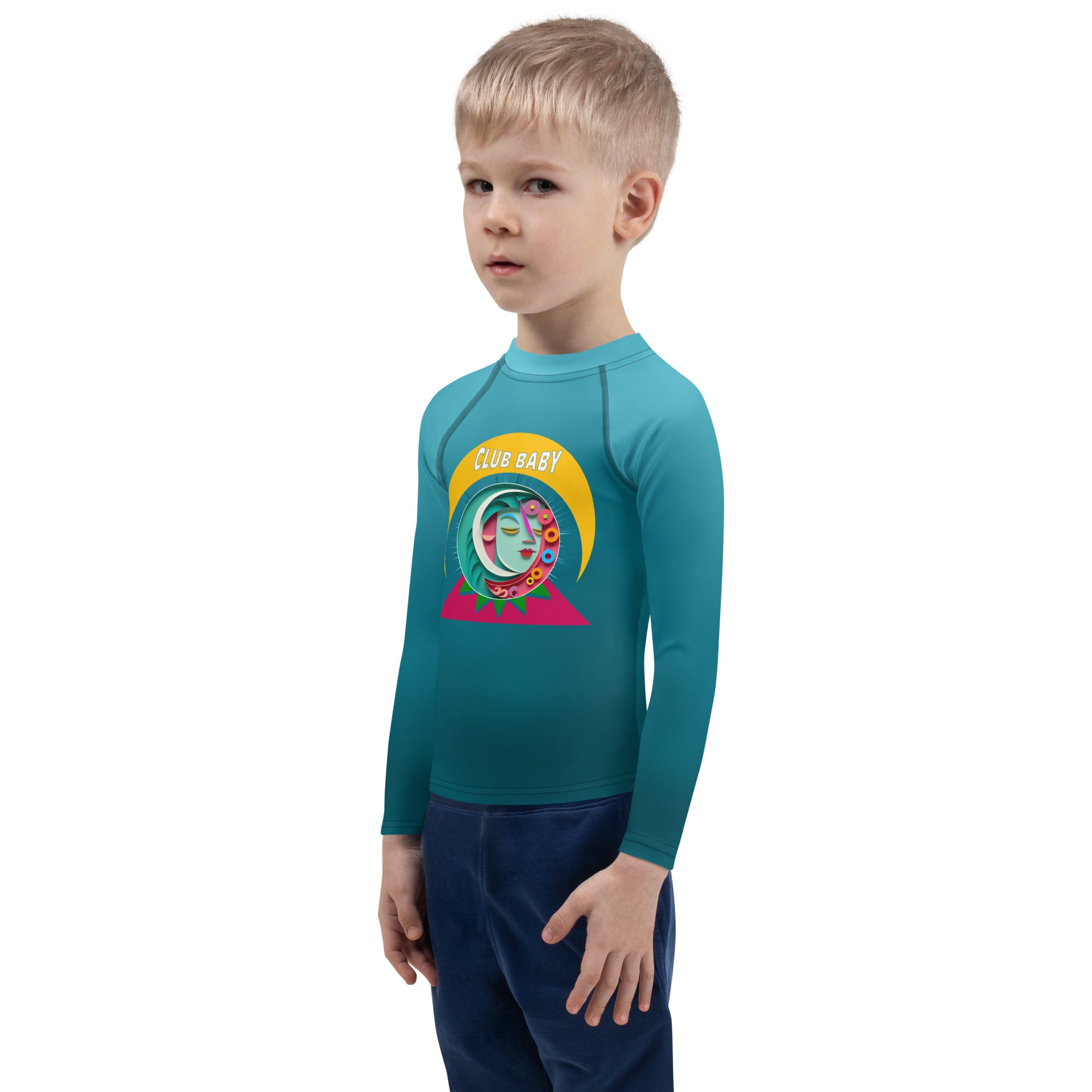 Boy swimming in pool wearing Pirate's Treasure rash guard
