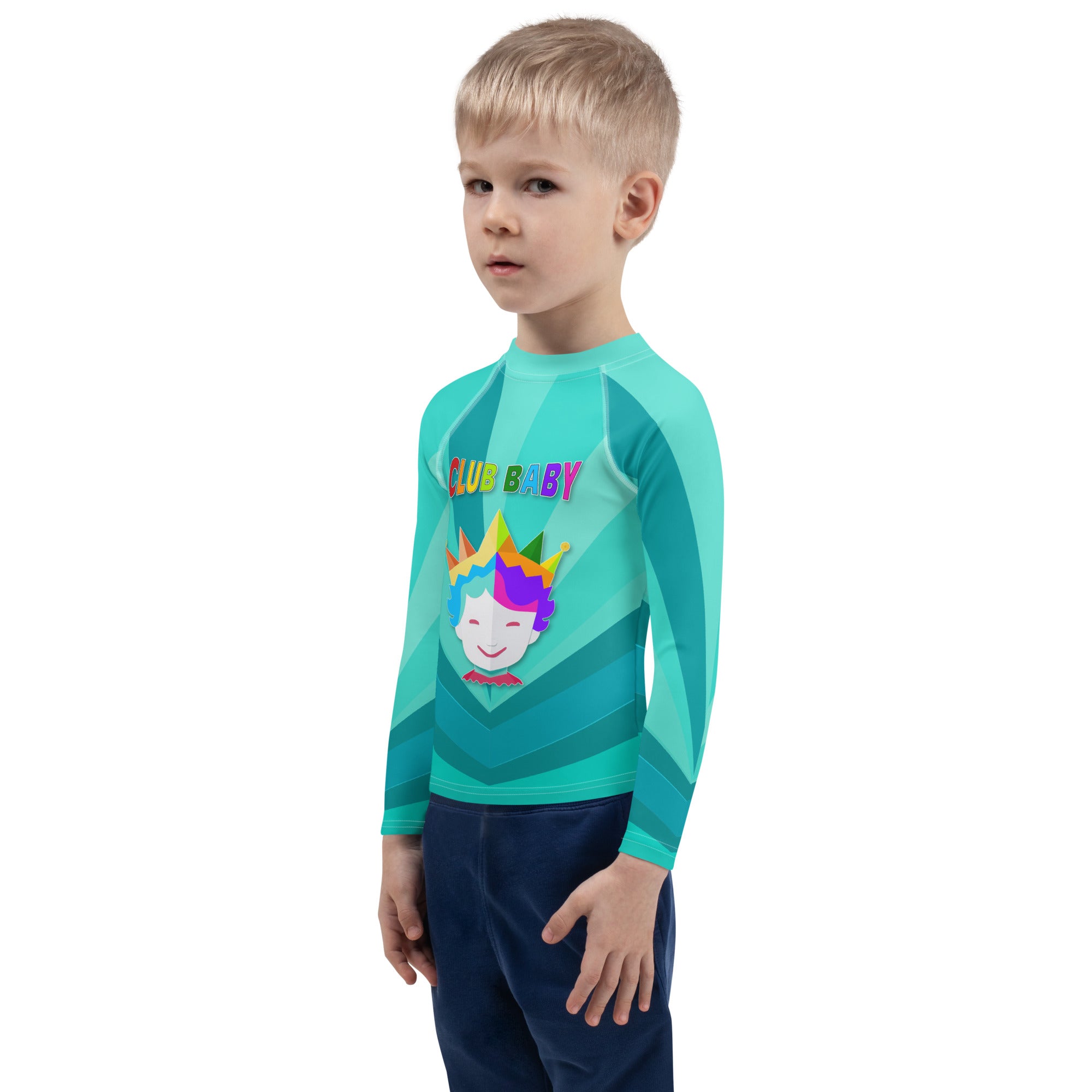 Child wearing Midnight Magic Kids Rash Guard by the pool
