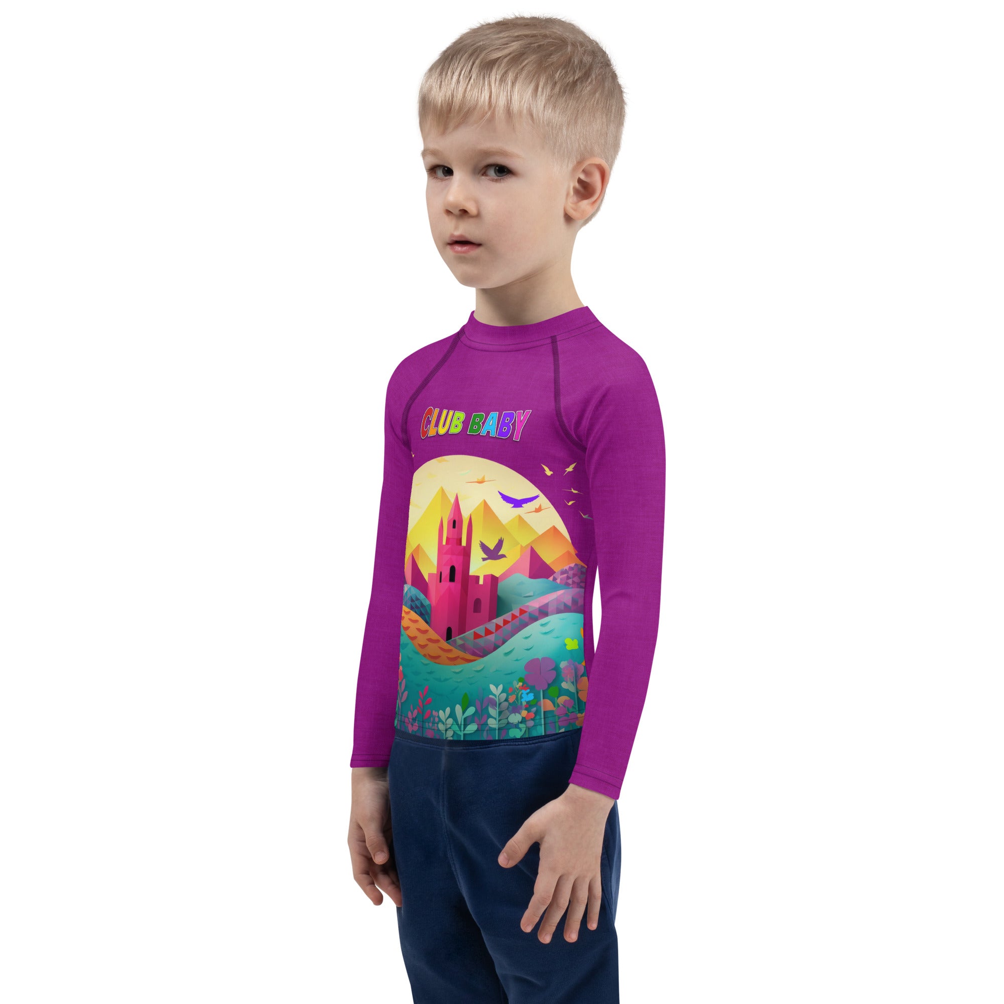 Kids running in the Royal Kingdom Adventures Rash Guard.