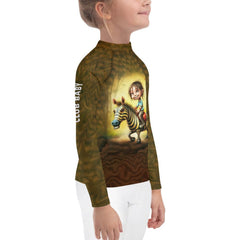 Rear view of child wearing CB6-20 rash guard looking at the ocean
