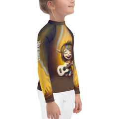 Back view of child wearing CB3-106 rash guard under the sun