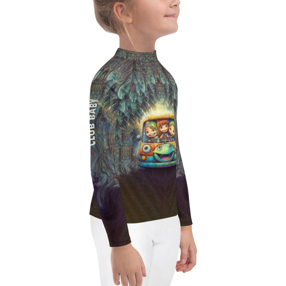 Rear view of kid in CB3-113 Rash Guard at the beach.