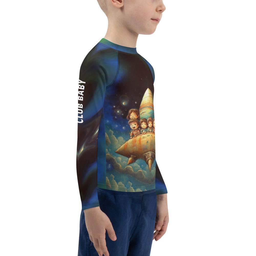 Child wearing CB3-133 Rash Guard while surfing.