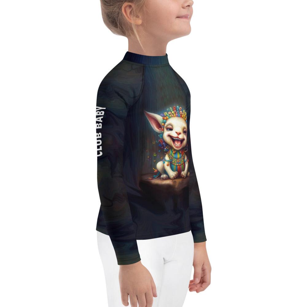 Back view of a child in CB3-89 Rash Guard, highlighting stretchable fabric for free movement