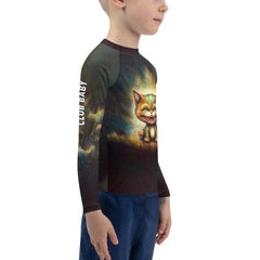 Rear view of a child wearing the CB3-77 Kids Rash Guard at the beach