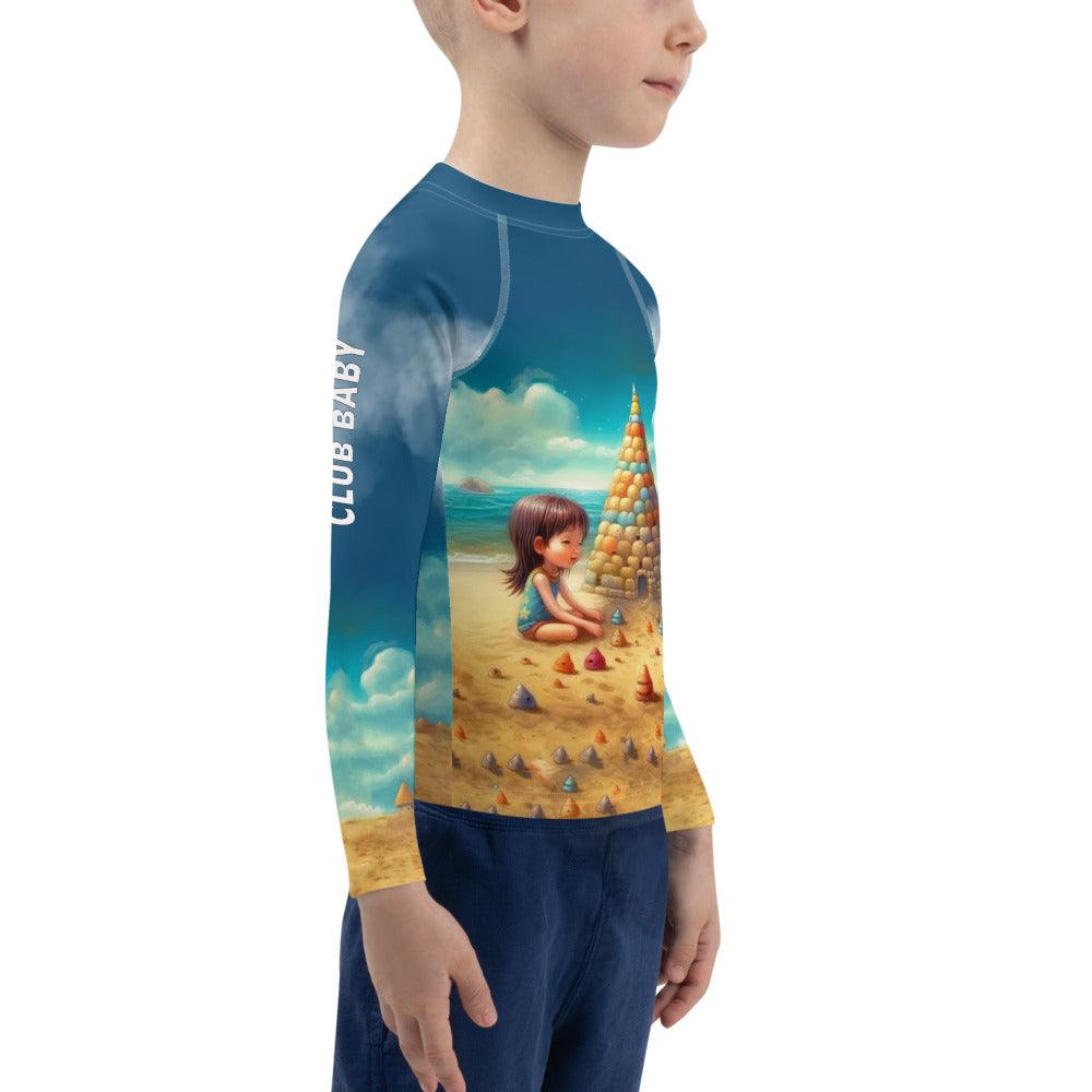 Action shot of child surfing wearing CB3-120 Kids Rash Guard