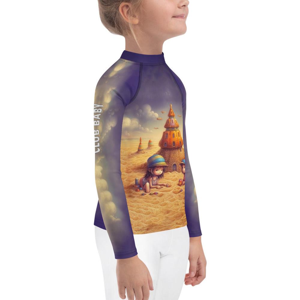 Child in pool wearing CB3-117 rash guard, highlighting UV protection feature.