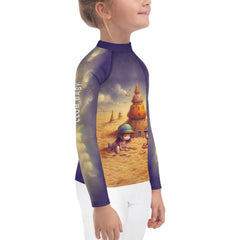 Child in pool wearing CB3-117 rash guard, highlighting UV protection feature.