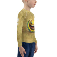 Detail of CB3-132 kids rash guard stitching and logo