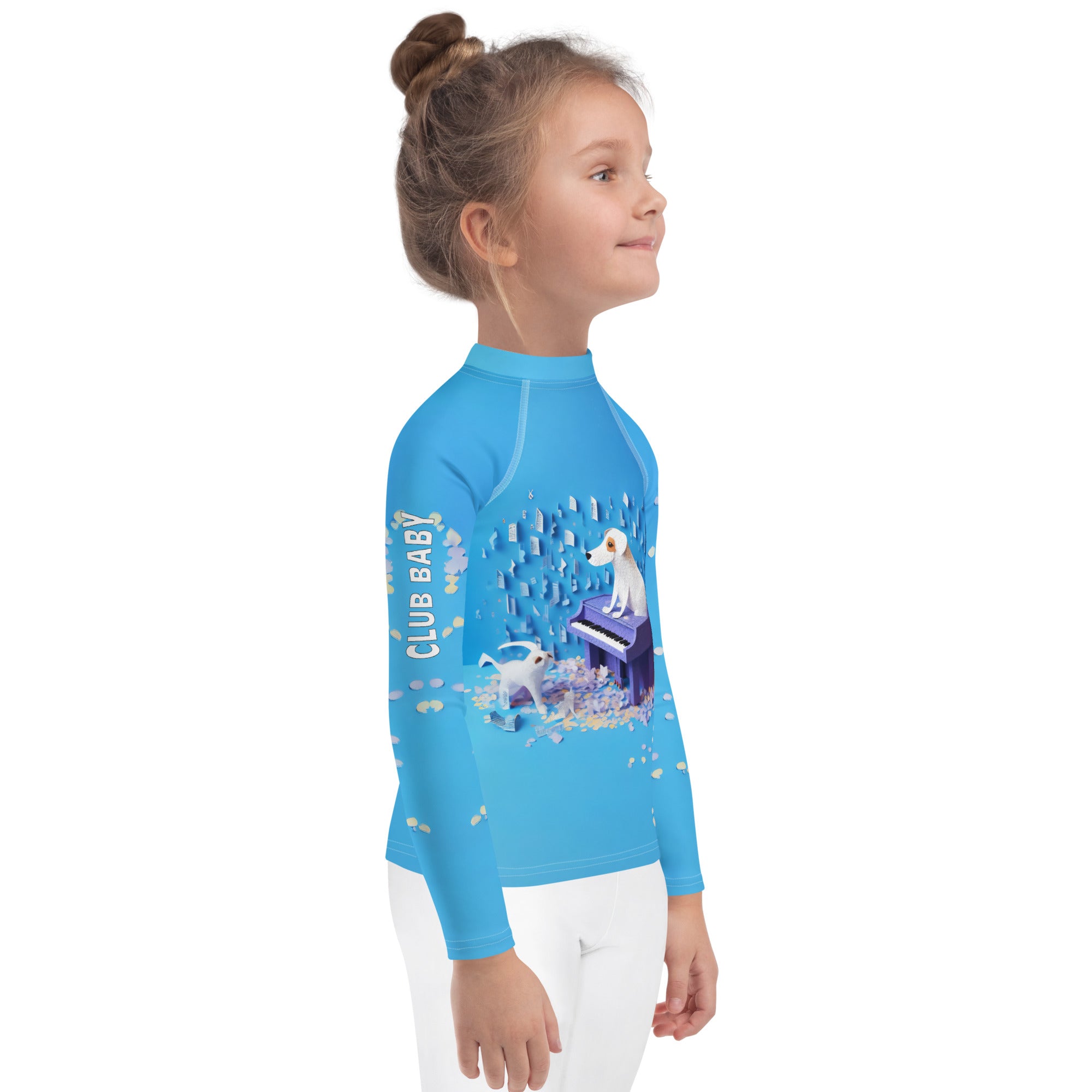 Child in origami patterned rash guard for swimming