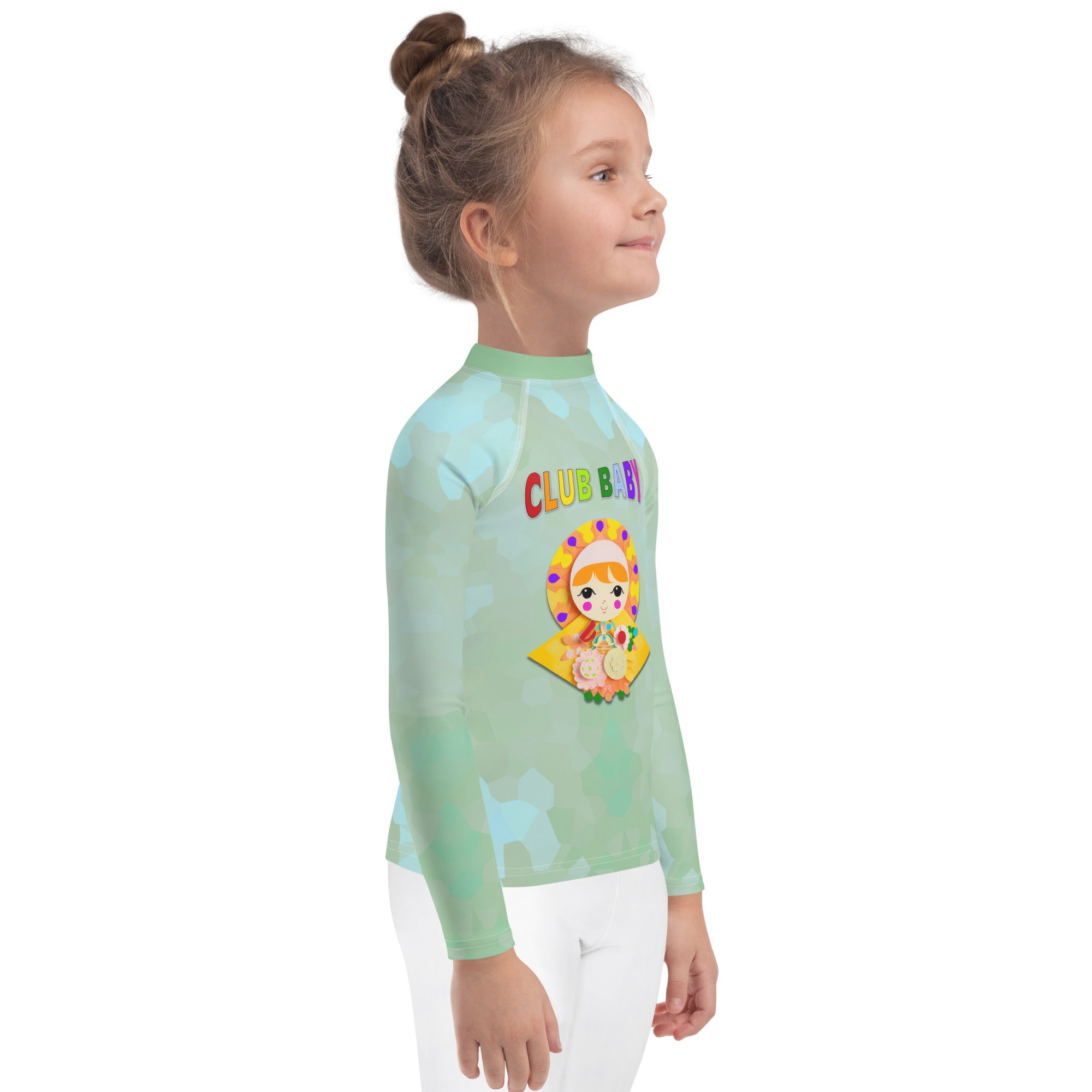 Child swimming in a Fairytale Castle themed rash guard.
