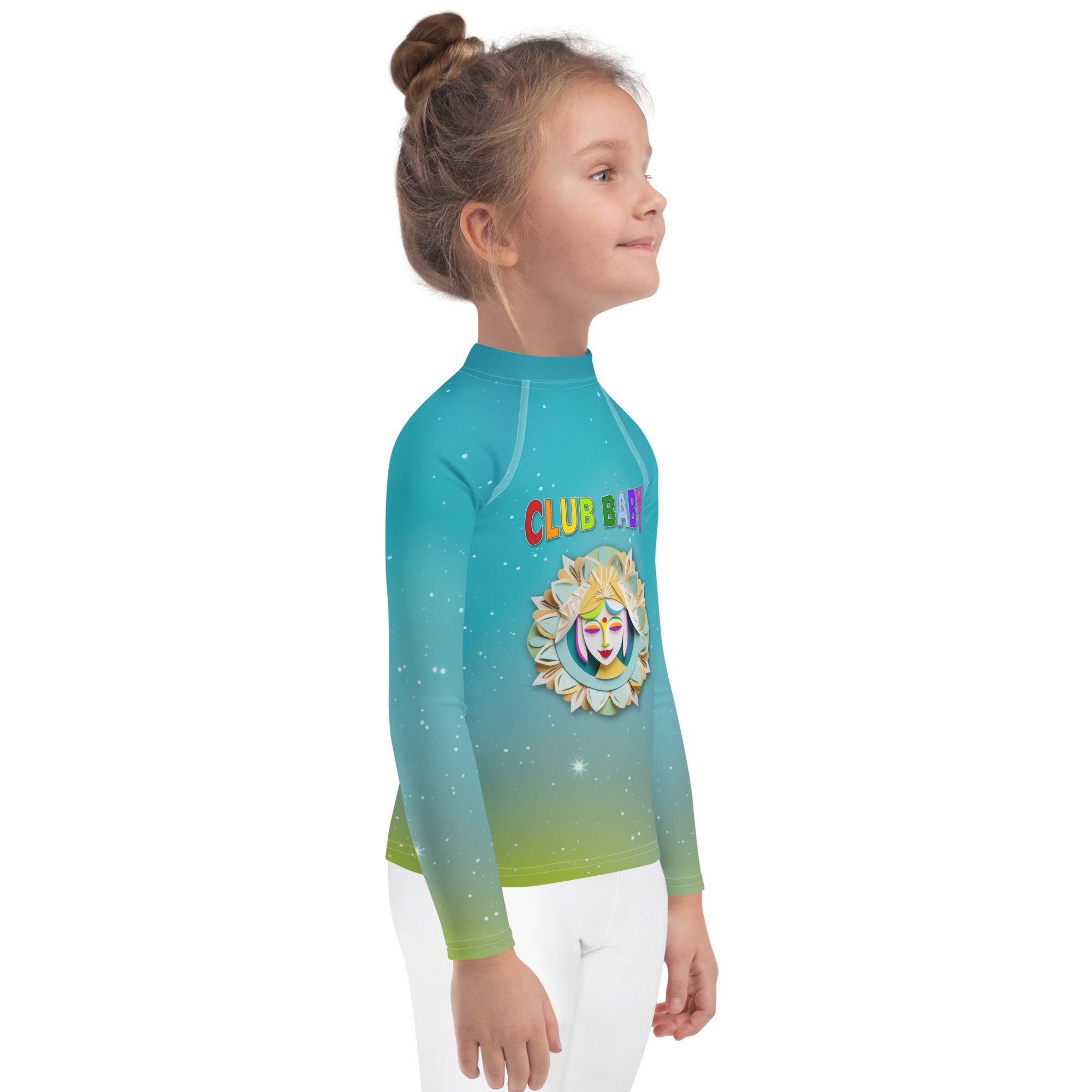 Back view of Pixie Hollow kids rash guard on a child at the pool





