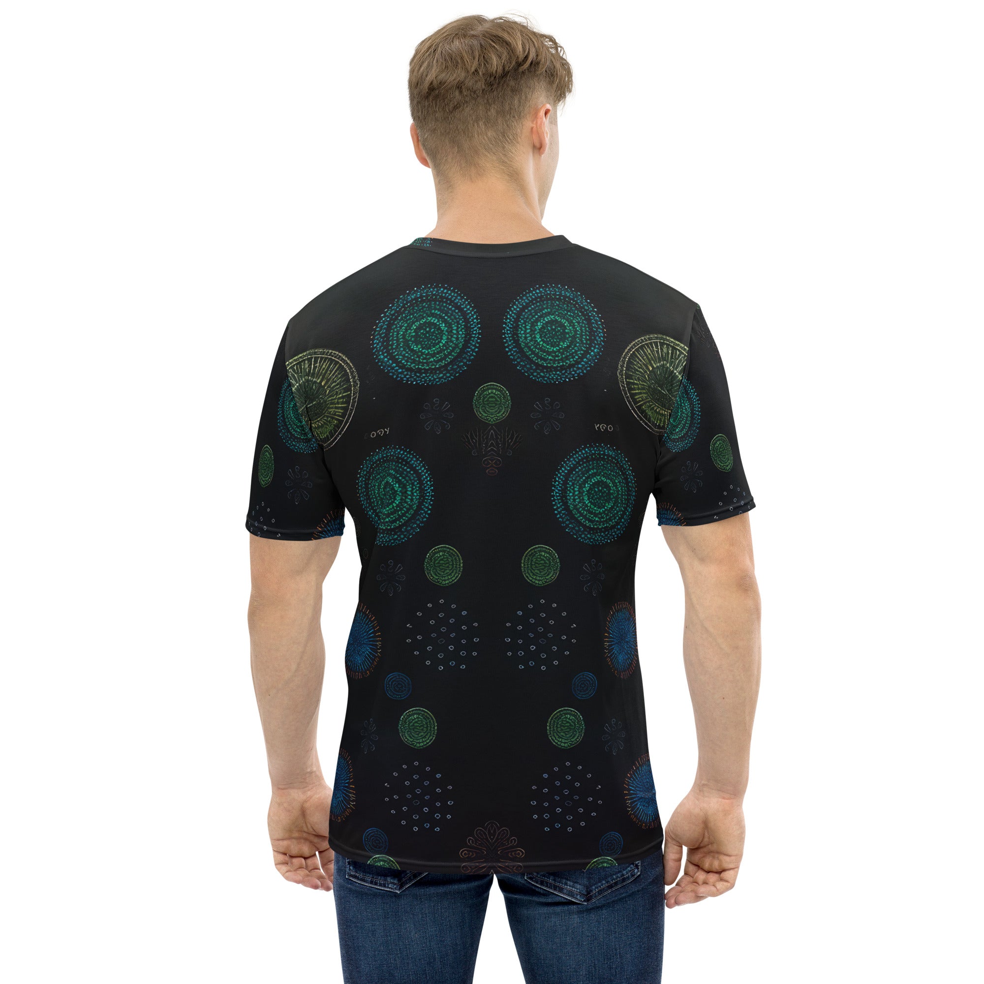 Close-up of Cosmic Connections Men's T-shirt with starry design.