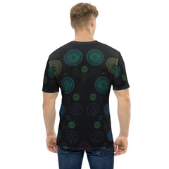 Close-up of Cosmic Connections Men's T-shirt with starry design.