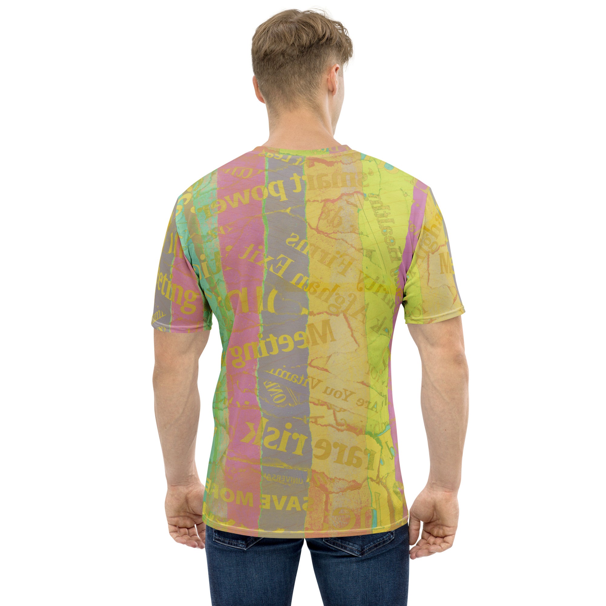 Men wearing vibrant psychedelic splash crew neck t-shirt, front view.