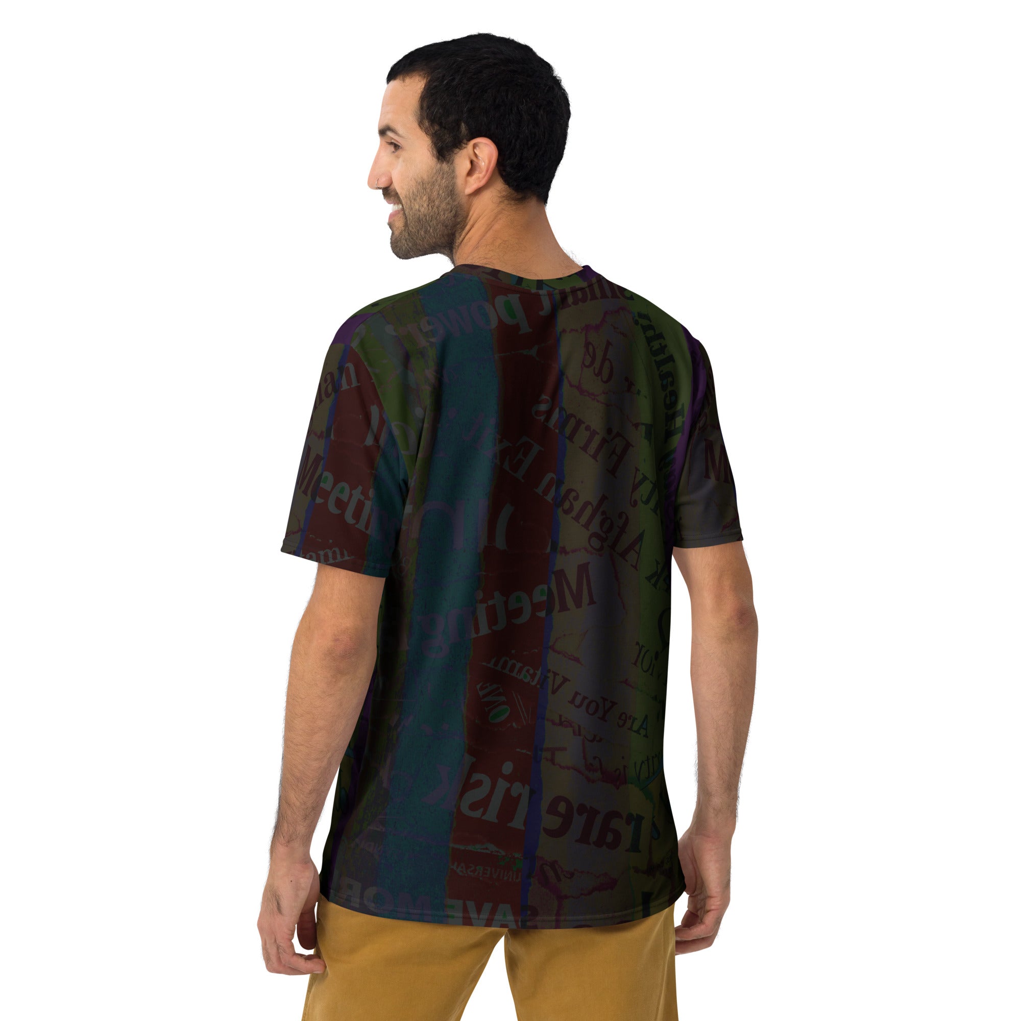 Man wearing Funky Fusion Crew Neck T-Shirt with colorful design.