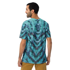 Artistic phoenix design on men's crew neck t-shirt.