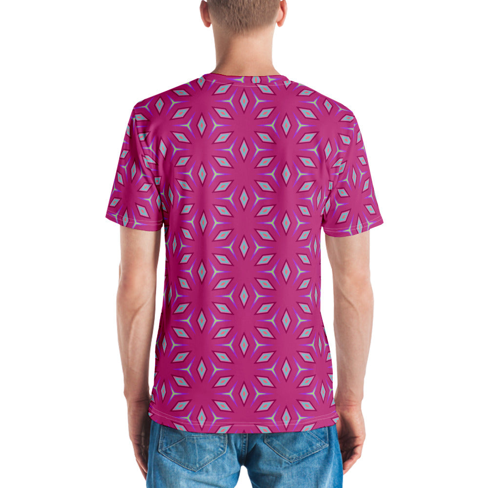 Tropical themed mens crewneck tee in outdoor setting