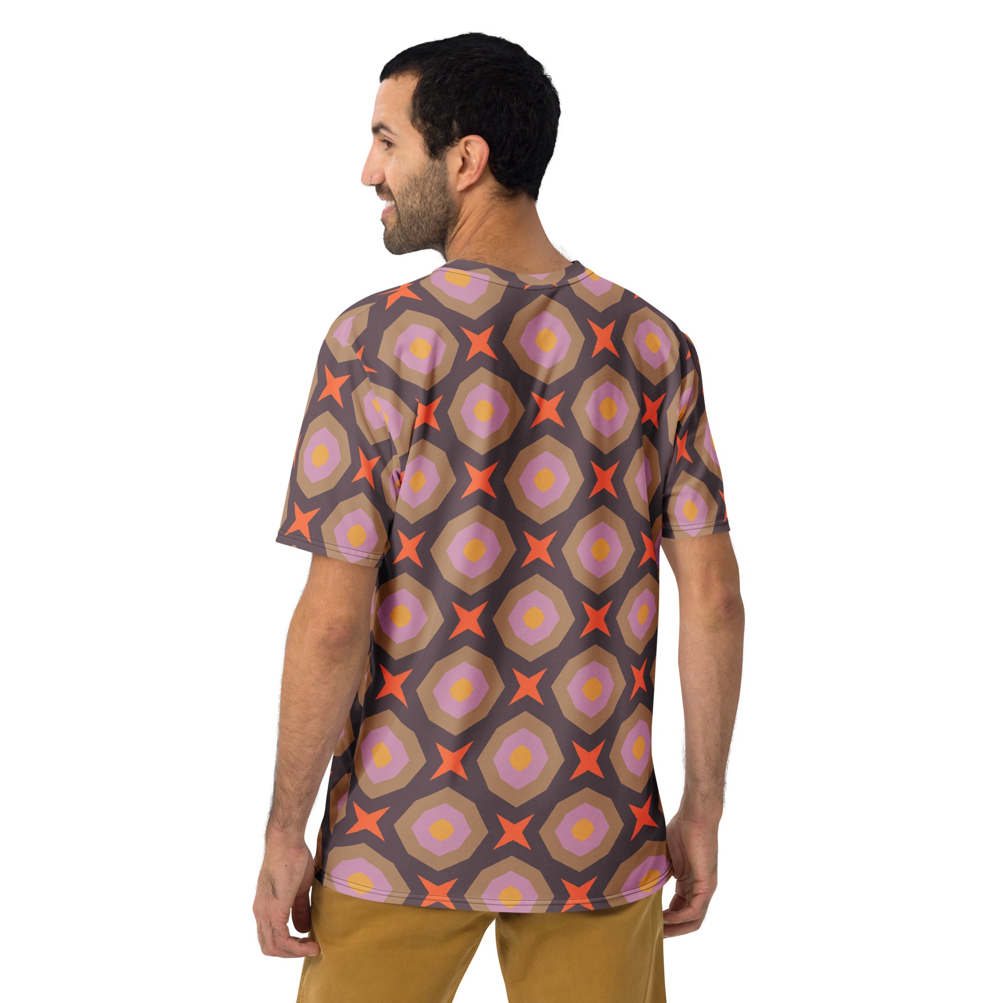 Men's crewneck tee with vibrant circuit pattern.