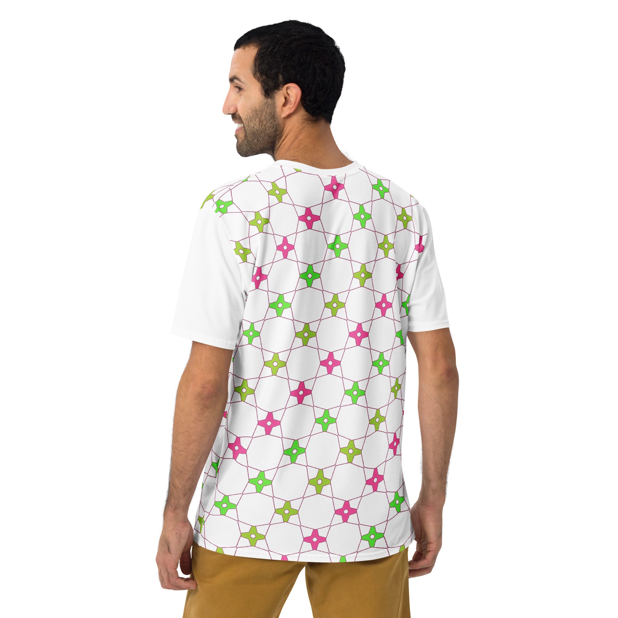 Close-up of abstract geometry pattern on men's t-shirt.