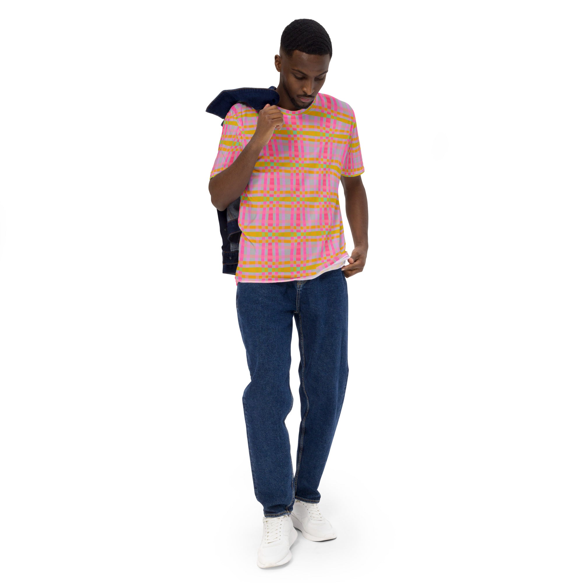 Casual Midnight Pixel Box Stripe Men's T-Shirt Front View.