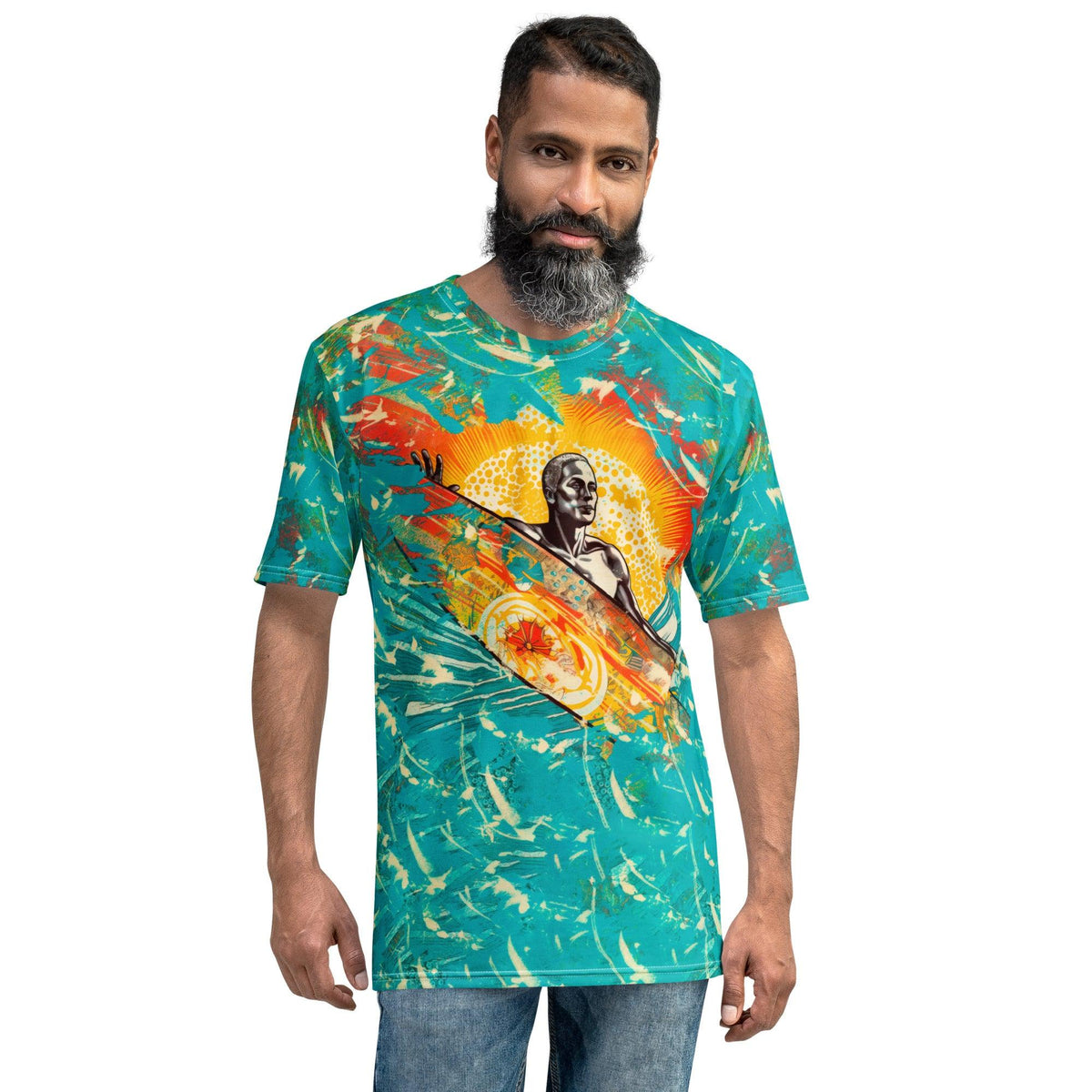 Man ready for an ocean adventure in the Surfing Escape crew neck t-shirt, embodying the surf spirit.