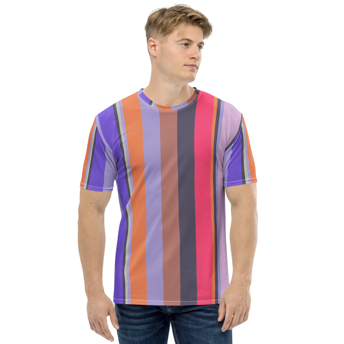 Vibrant Watercolor Strokes Colorful Stripe All-Over Print Men's Crew Neck T-Shirt