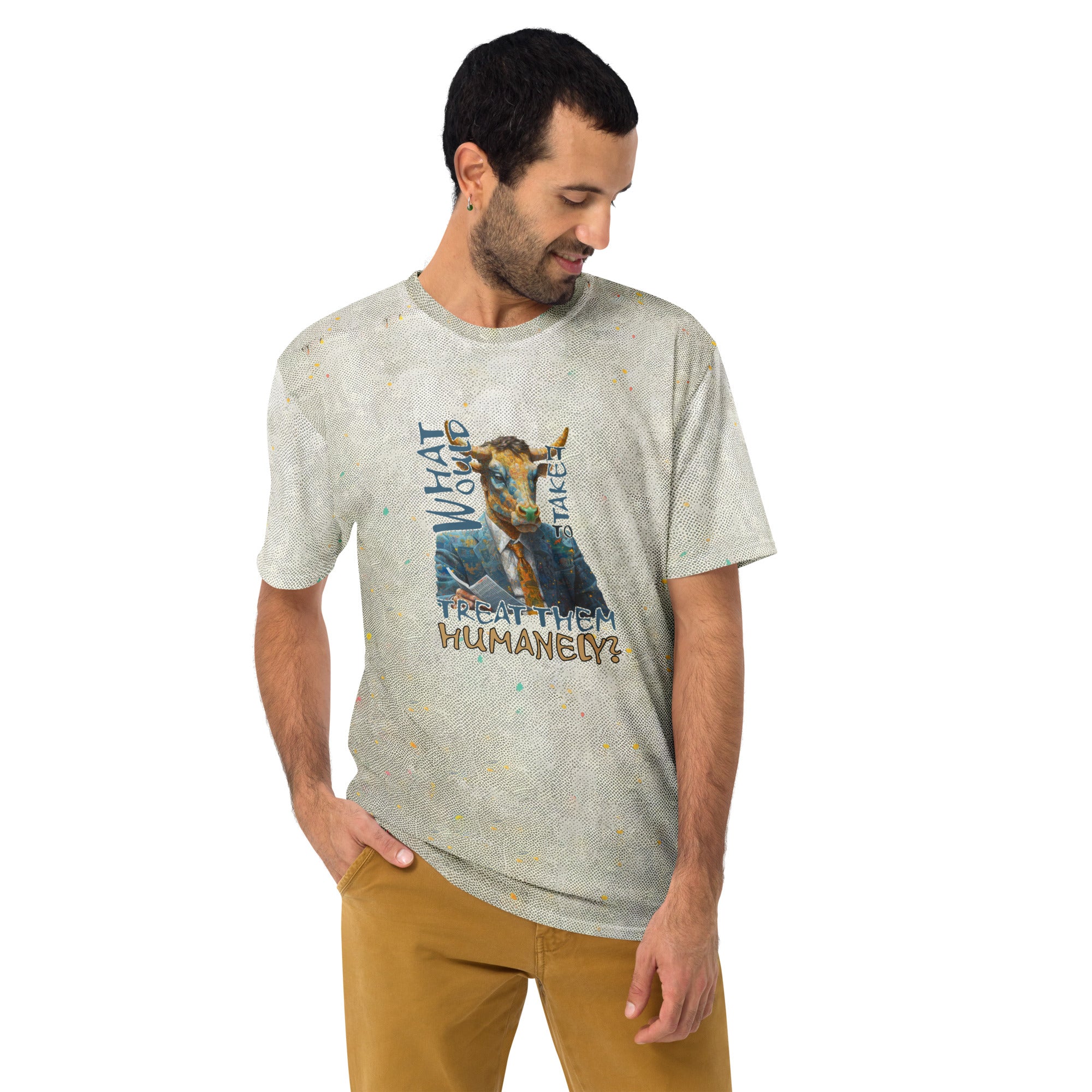 Skateboarding Rhino graphic on men's crew neck t-shirt.