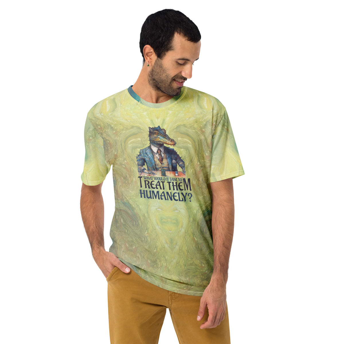 Men's crew neck t-shirt with surfer sloth design for beach vibes.