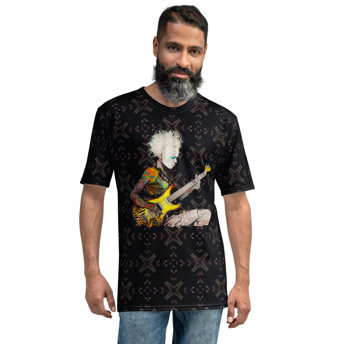 Graphic Fusion men's crew neck t-shirt in black with vibrant design.