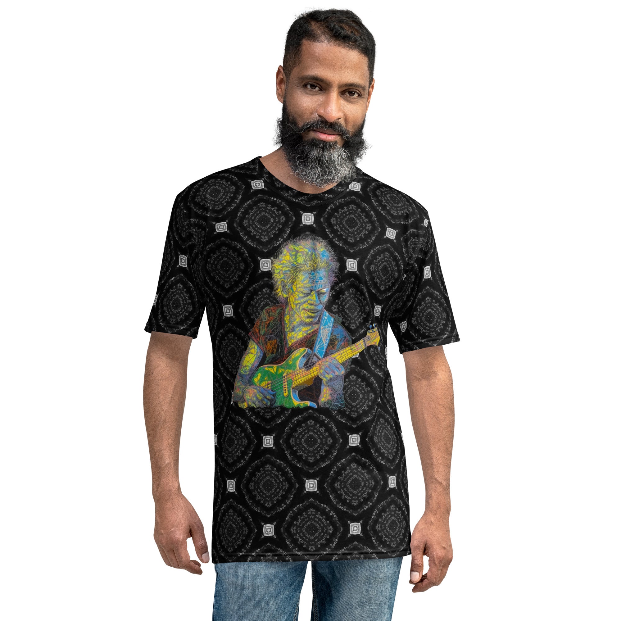 Psychedelic-patterned men's crew neck t-shirt with vibrant colors.