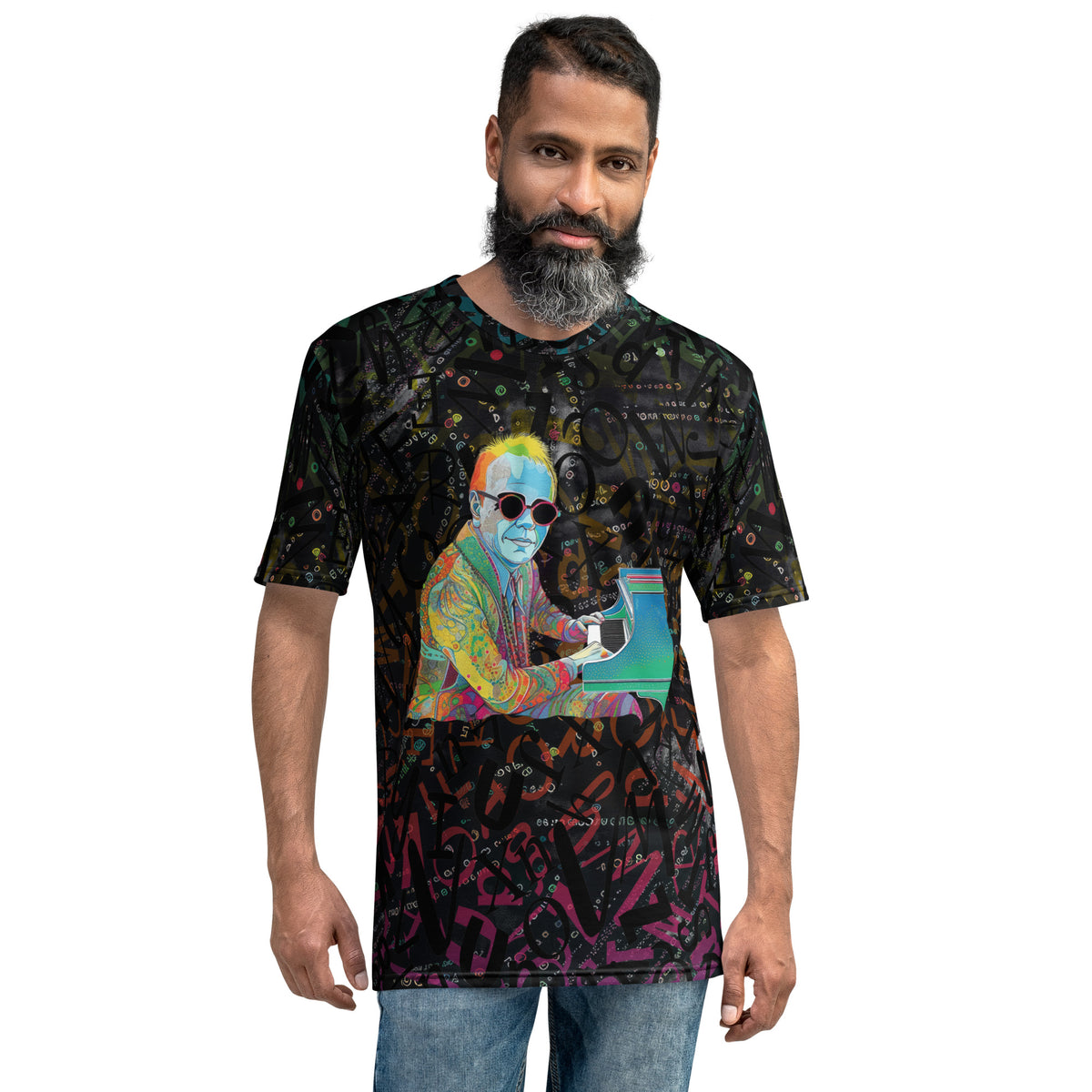 Vibrant Vibes Men's colorful crew neck t-shirt front view.