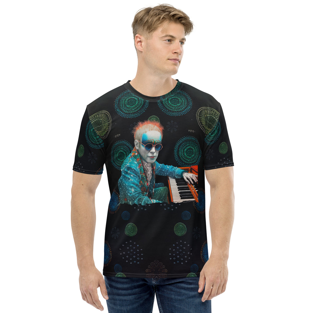 Man wearing Cosmic Connections crew neck T-shirt with galaxy print.