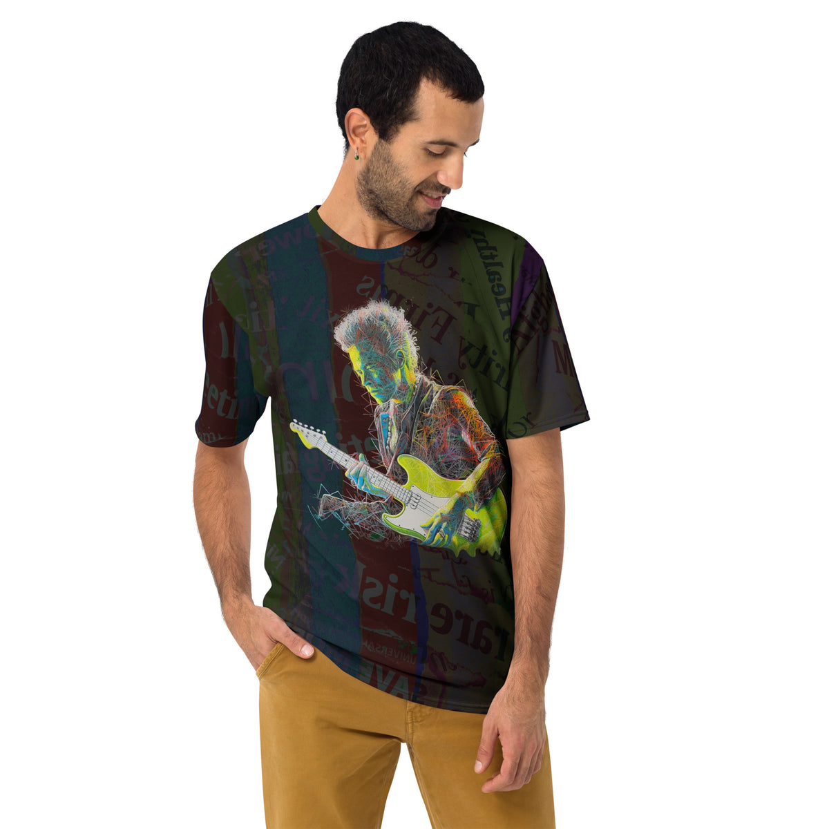 Vibrant Funky Fusion pattern on Men's Crew Neck T-Shirt.