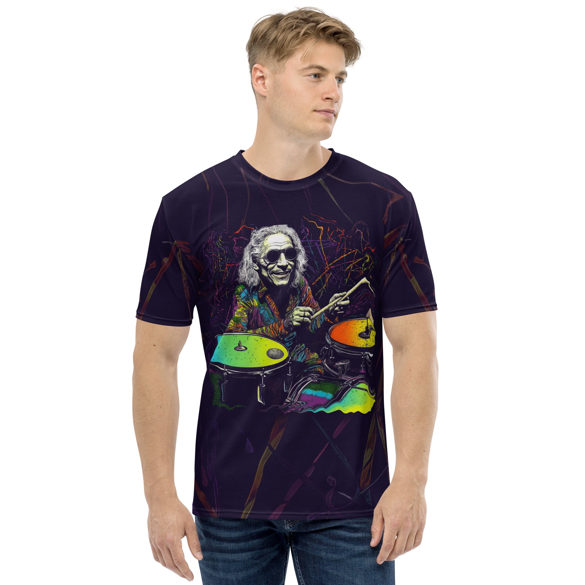 Floral Harmony Men's Crew Neck T-Shirt on a clothing mannequin.