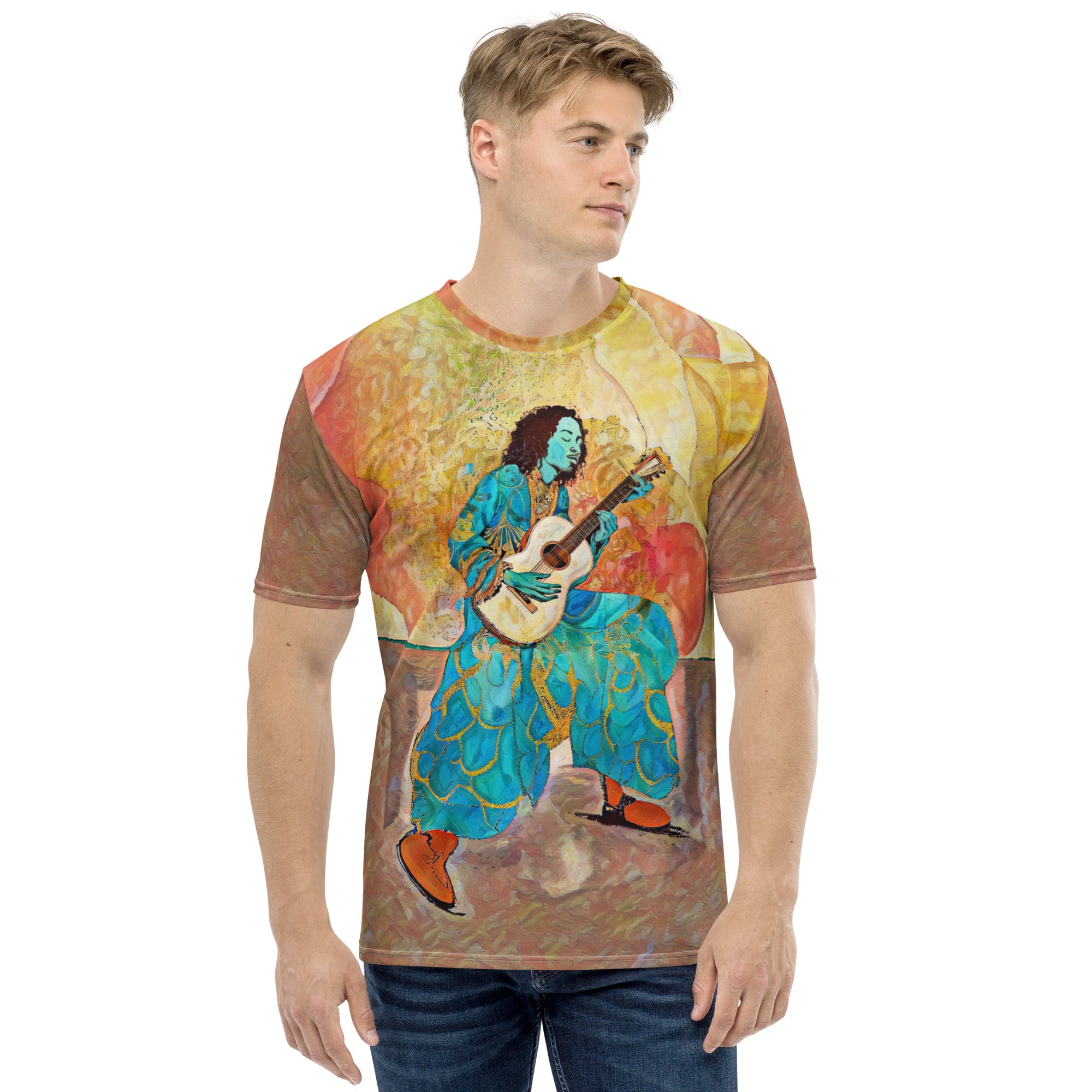 Model wearing Whimsical Wildflowers Men's Crew Neck T-Shirt outdoors.