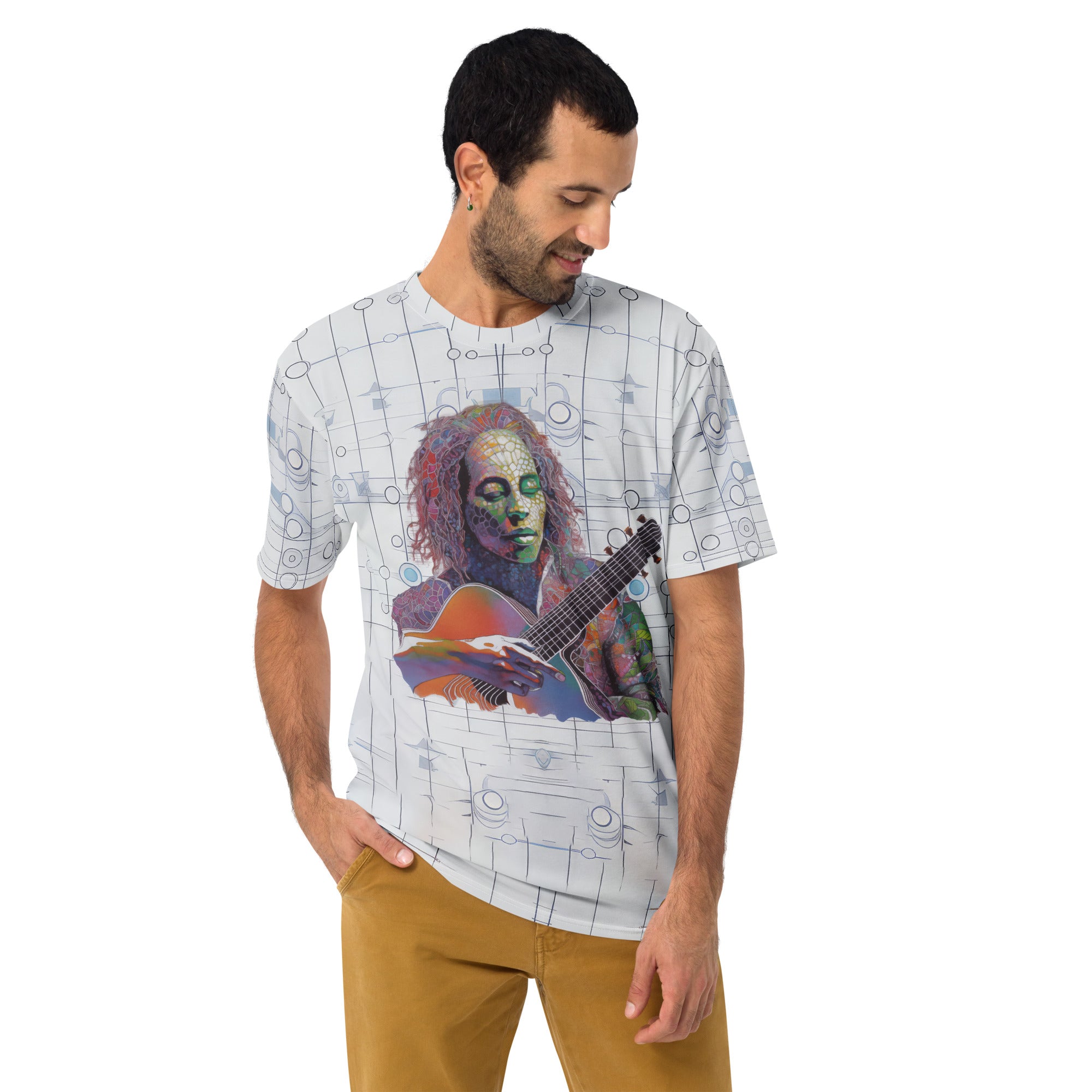 Groovy Garden Men's Crew Neck T-Shirt on a clothing mannequin.