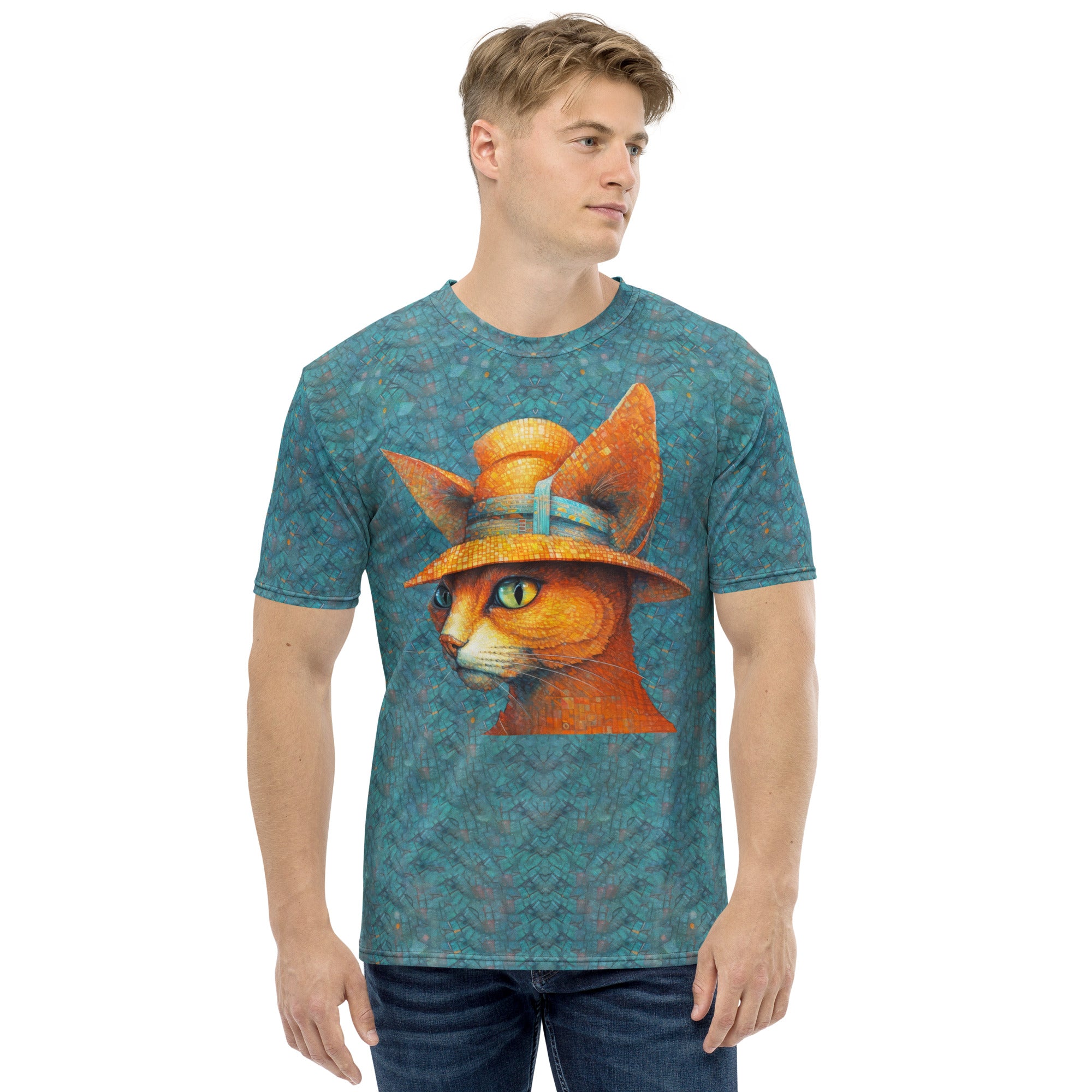 Men's crewneck t-shirt with cat design