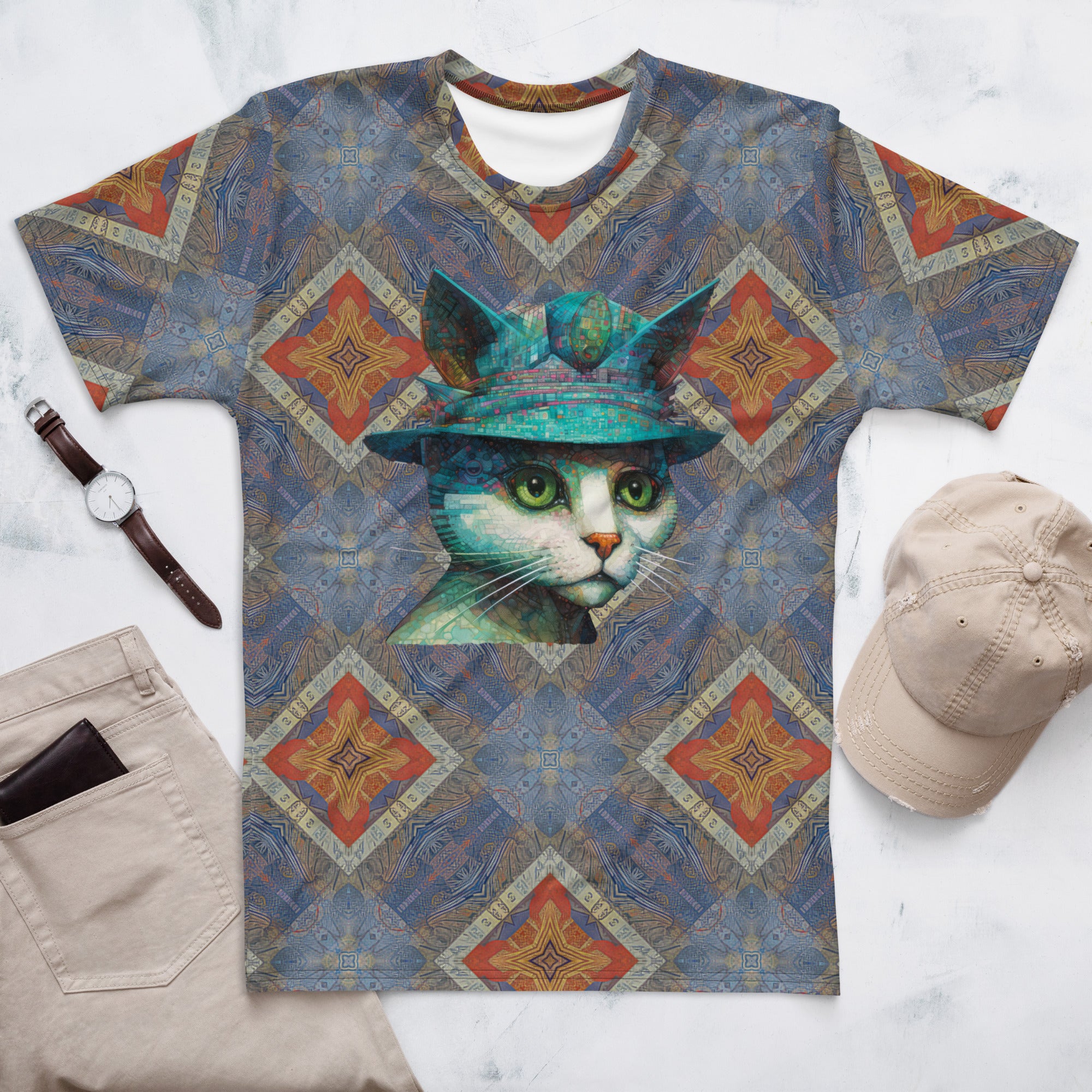 All-over cat print men's crewneck tee