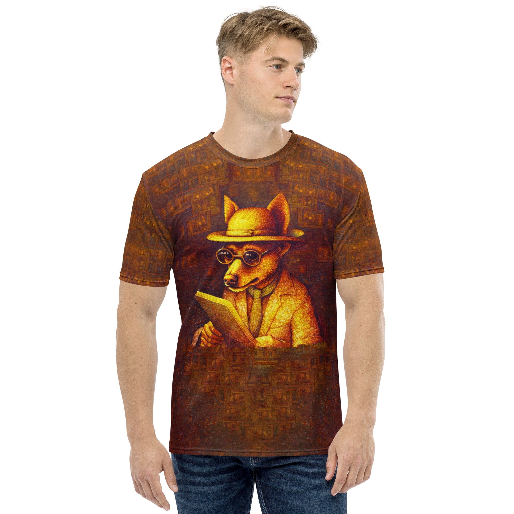 Fashionable men's crewneck tee with dog patterns.