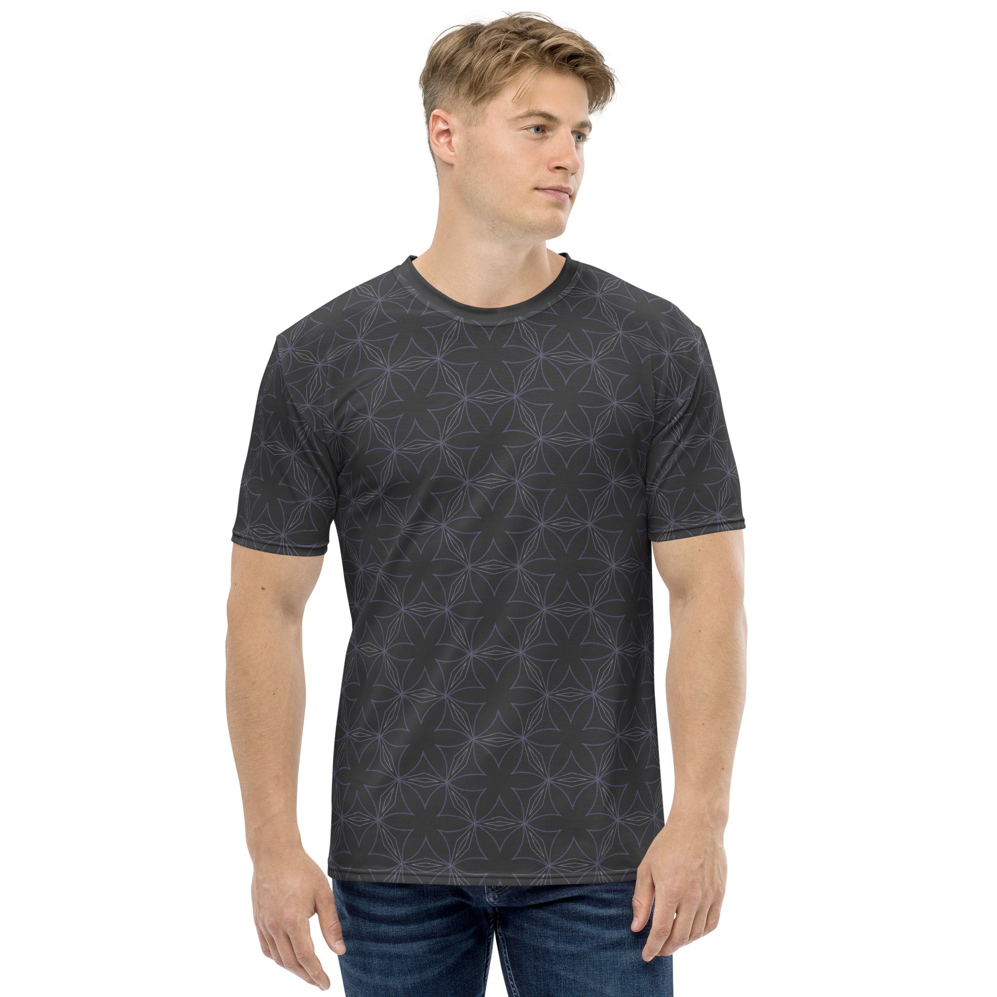 Close-up of Retro Waves pattern on men's T-shirt