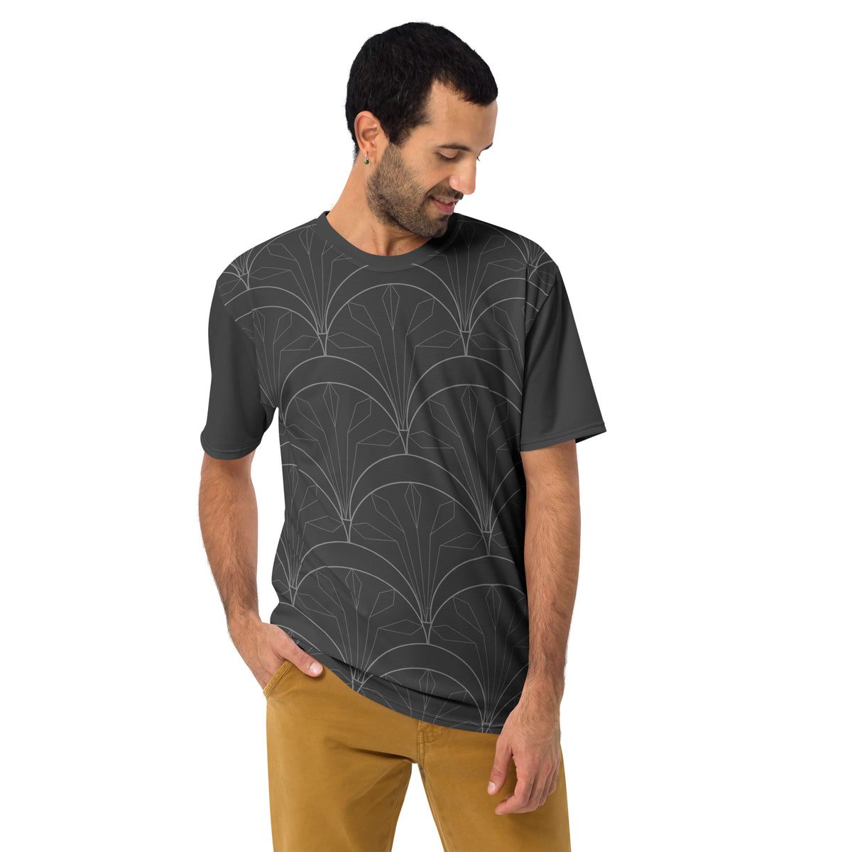 Vivid kaleidoscope pattern on men's crew neck t-shirt