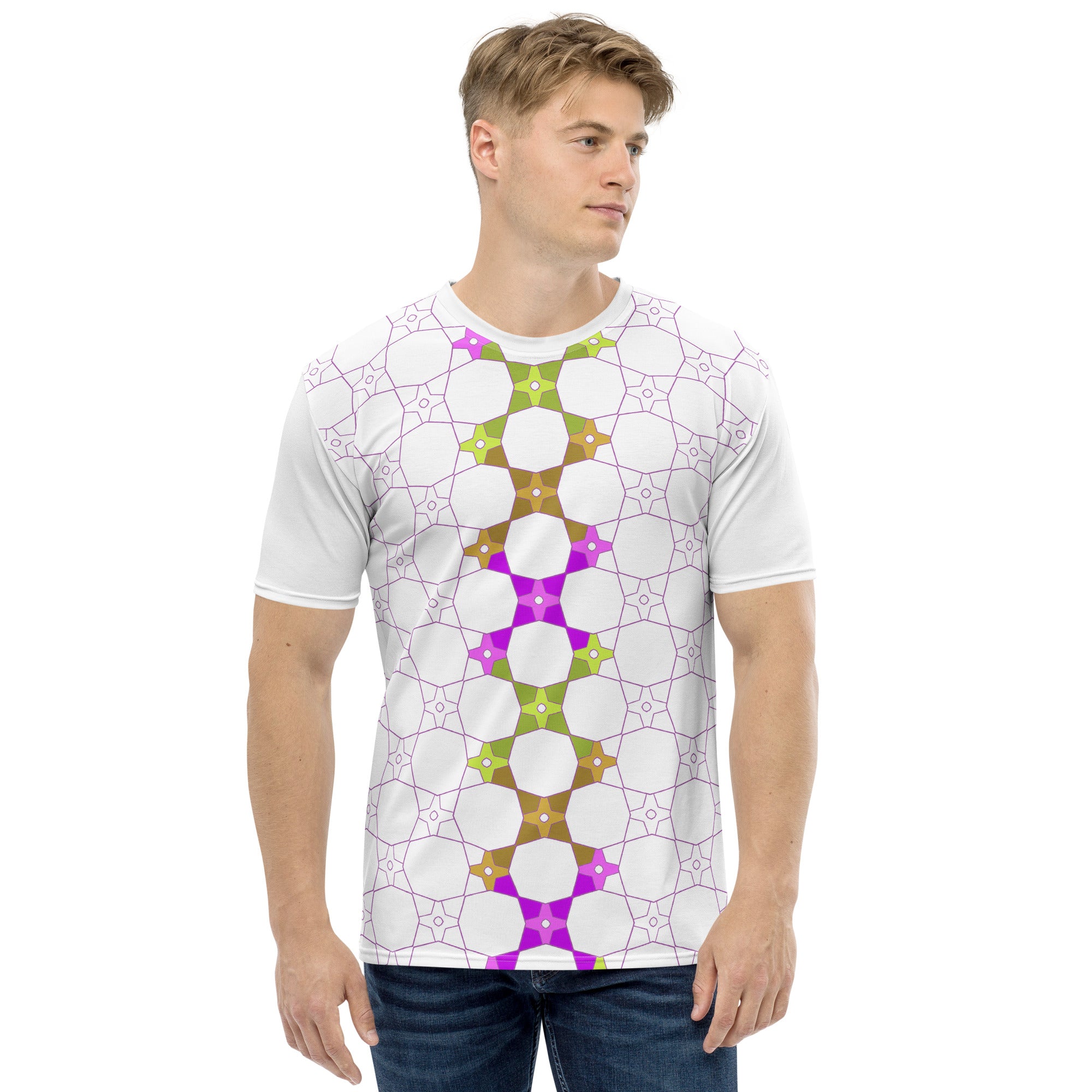 Bold Florals men's T-shirt in outdoor setting.