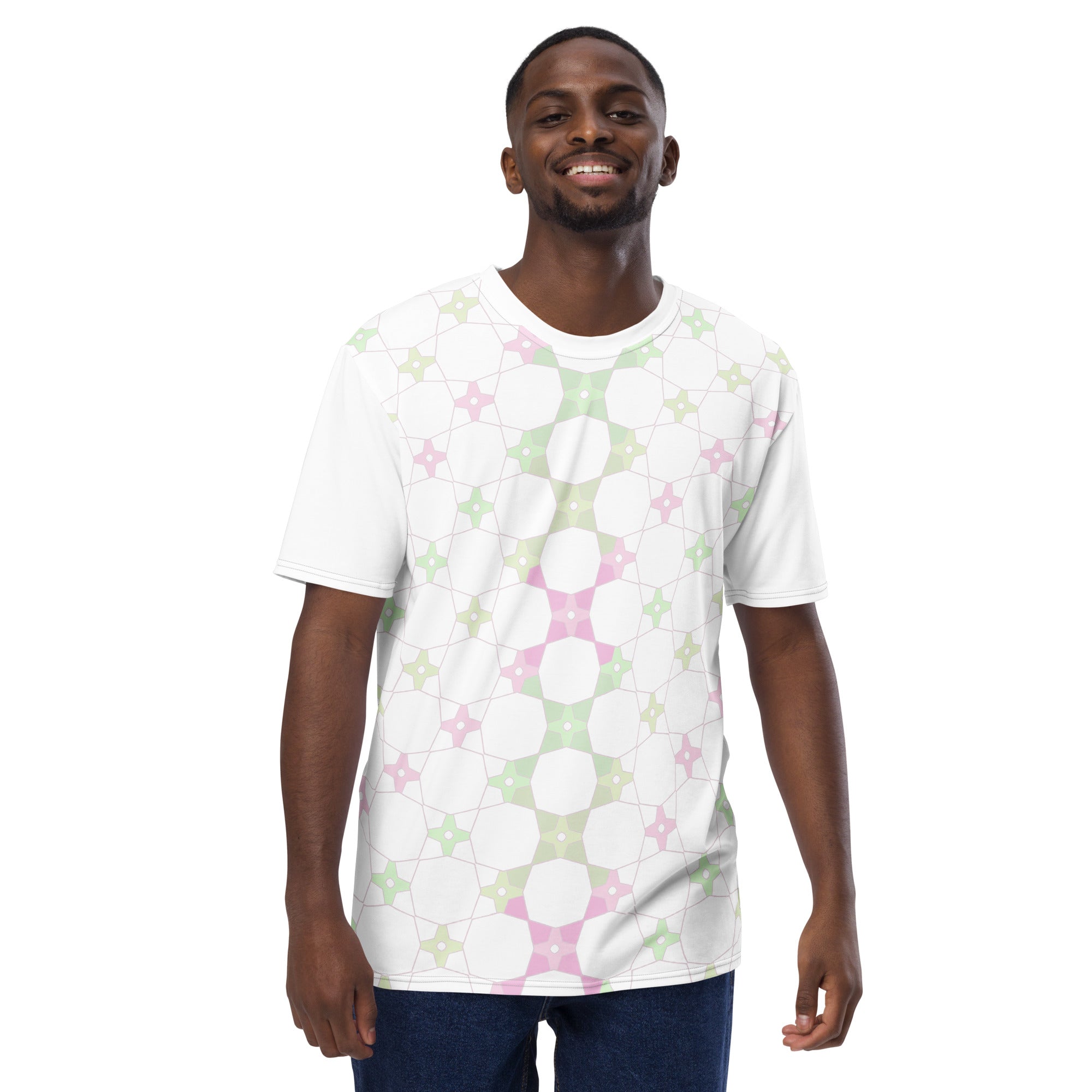 Stylish Cosmic Swirls pattern on crew neck t-shirt for men.