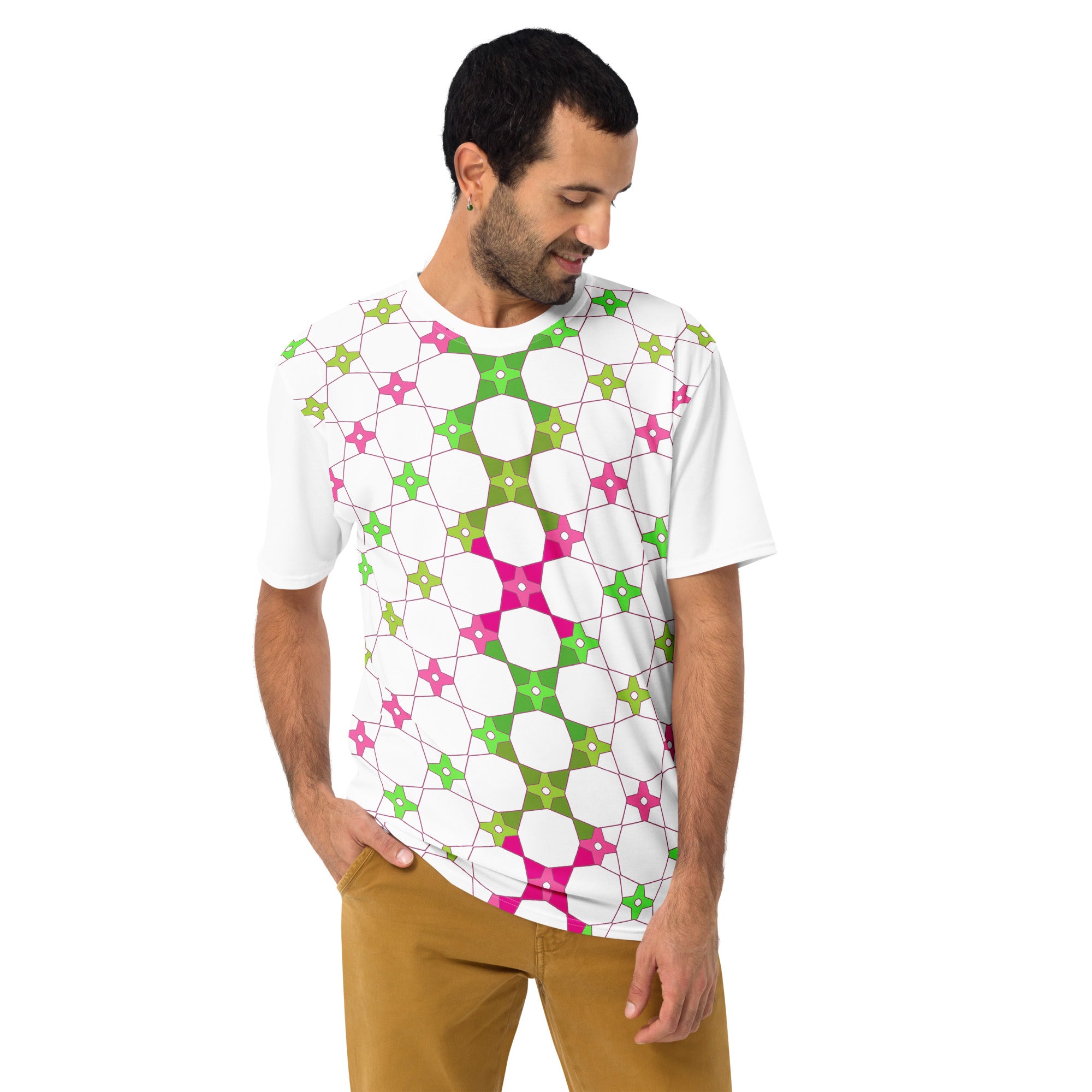 Men wearing abstract geometry crew neck t-shirt in modern design.