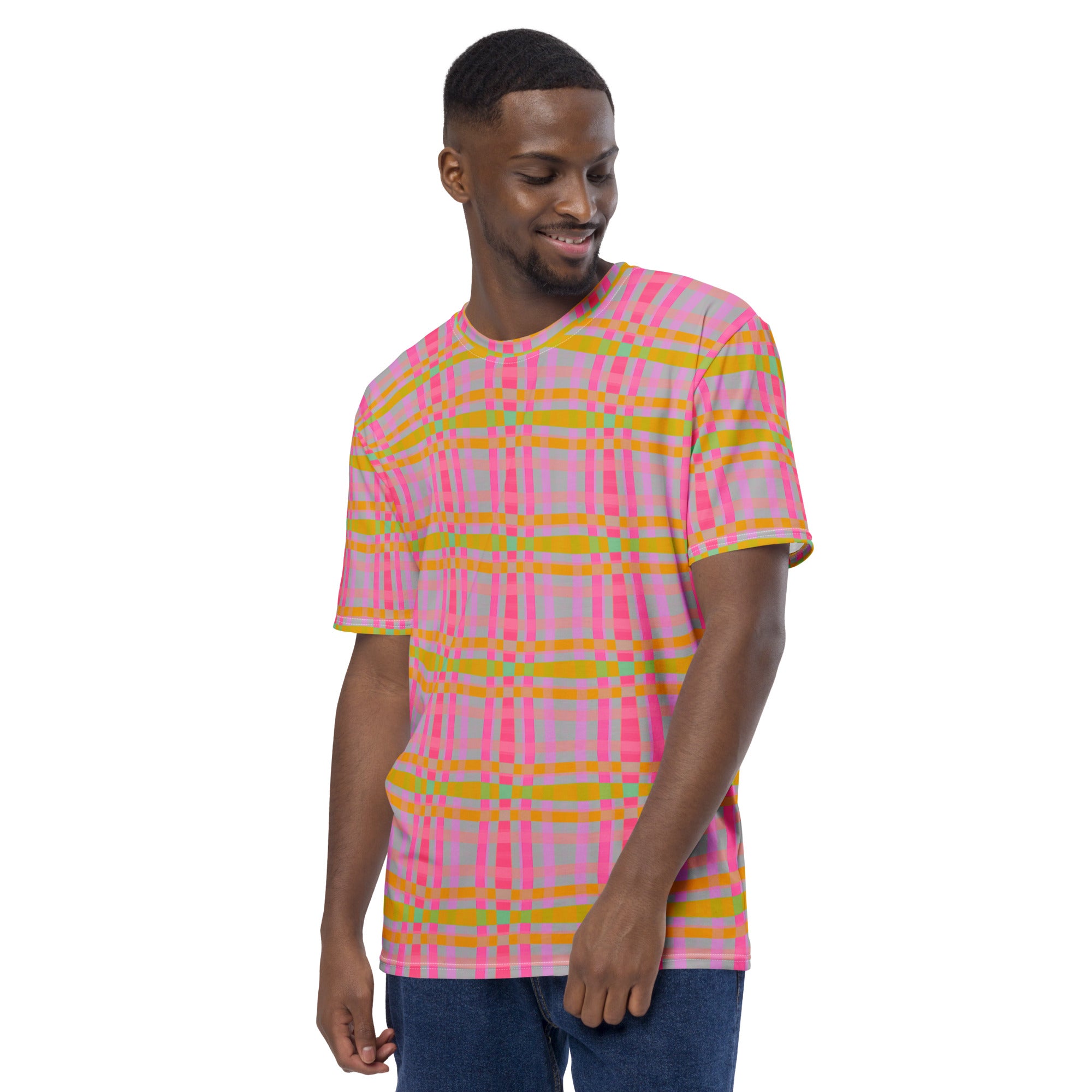 Stylish Men's T-Shirt with Midnight Pixel Box Stripe Pattern.