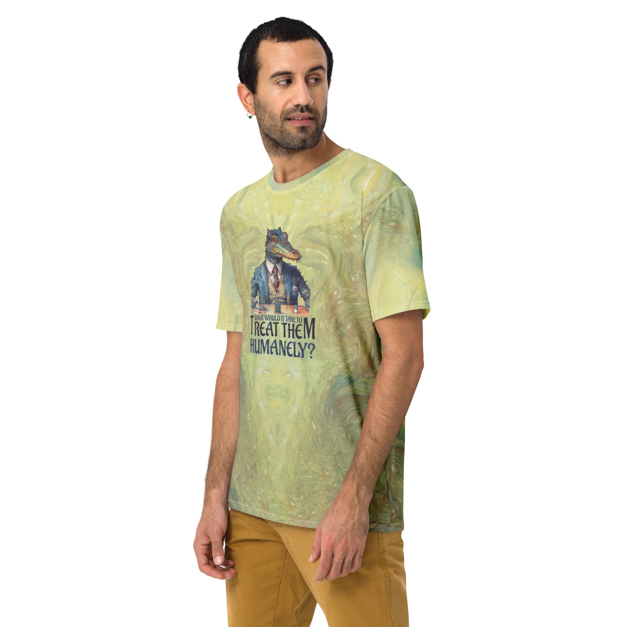 Beach vibes men's t-shirt with unique surfer sloth illustration.